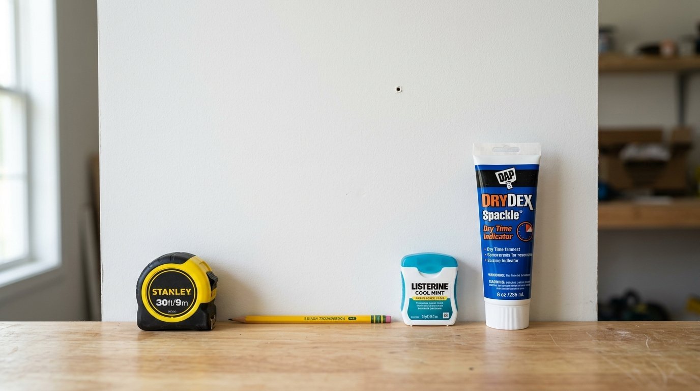 Stanley measuring tape, yellow pencil, dental floss, and DryDex spackle tube on a wood surface against a white wall.
