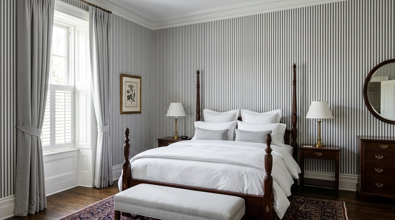 A traditional bedroom featuring vertical pinstripe wallpaper, a wooden four-poster bed, and grey curtains.
