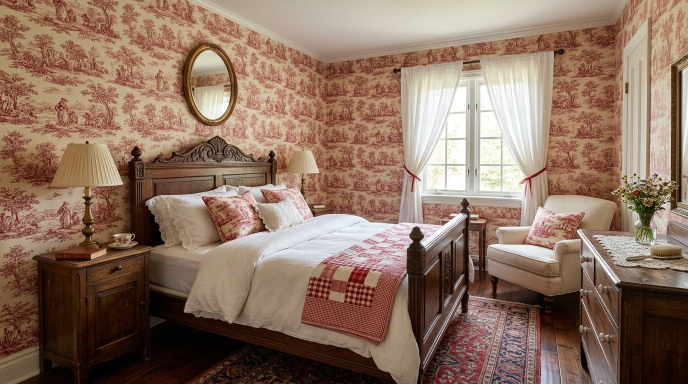 Vintage bedroom with dark wood furniture, toile wallpaper, and a patchwork quilt on the bed.