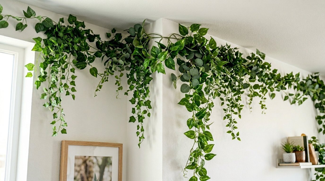 Decorative fake green ivy and pothos plants hanging along the top edge of an interior room wall.