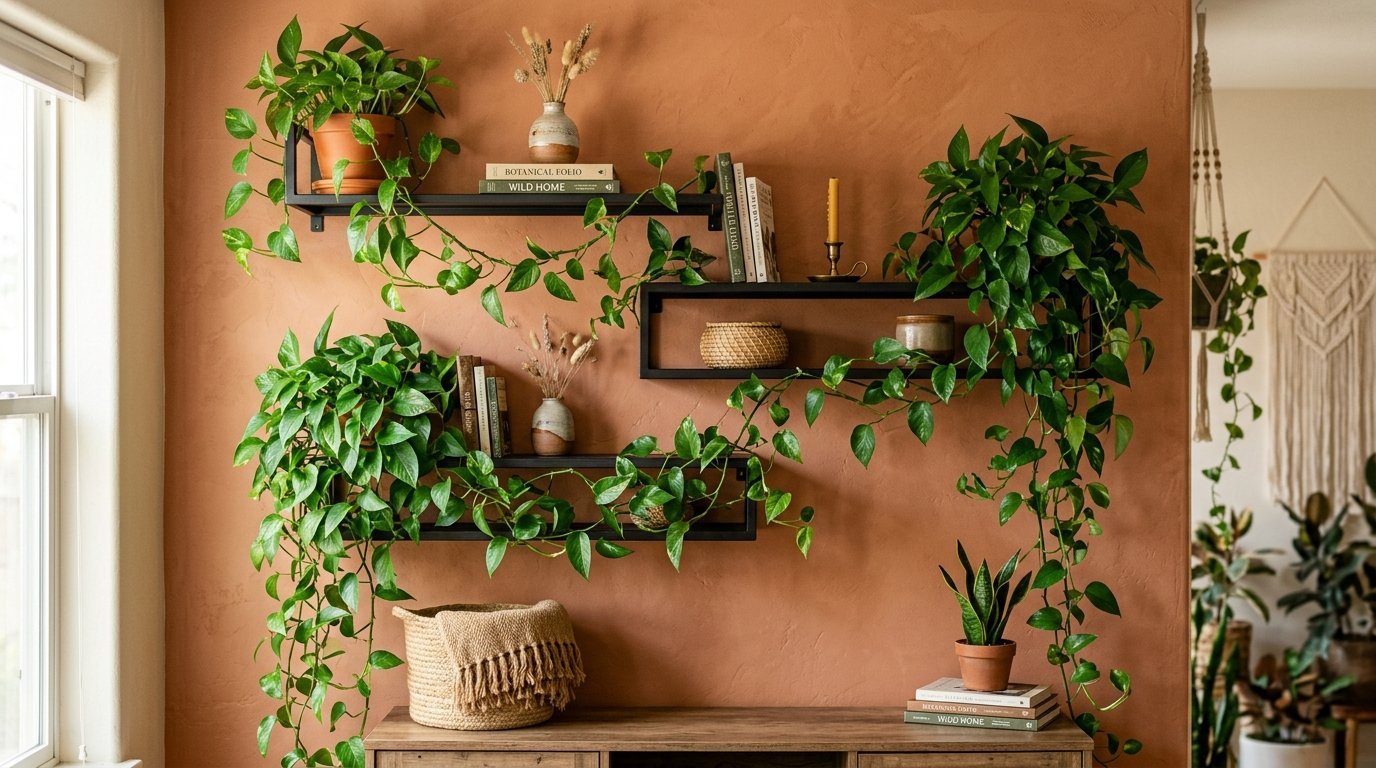 Potted golden pothos vines cascading over minimalist black metal shelving on a textured terracotta colored wall.