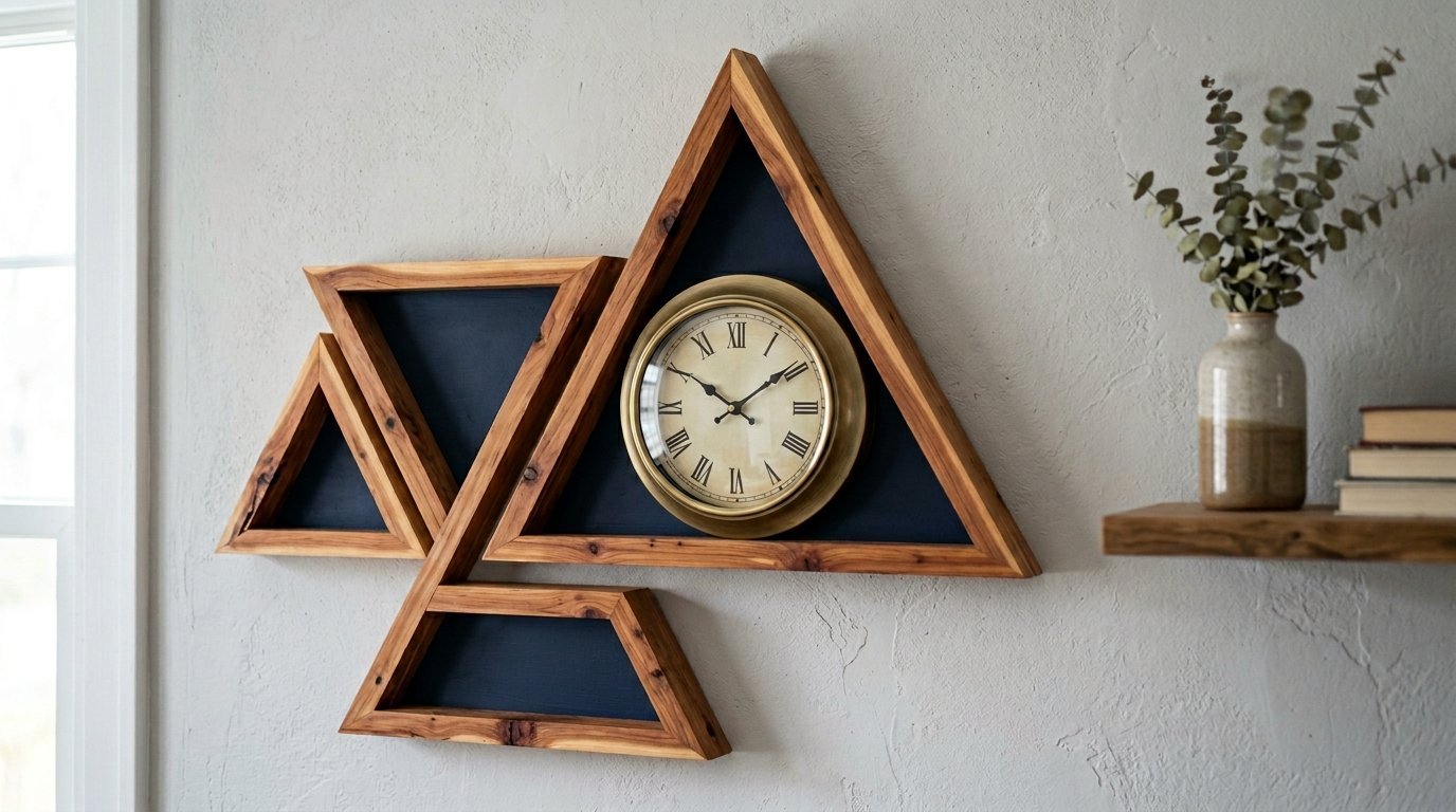 Modern triangular wooden wall clock mounted on a white textured wall next to a shelf with greenery.