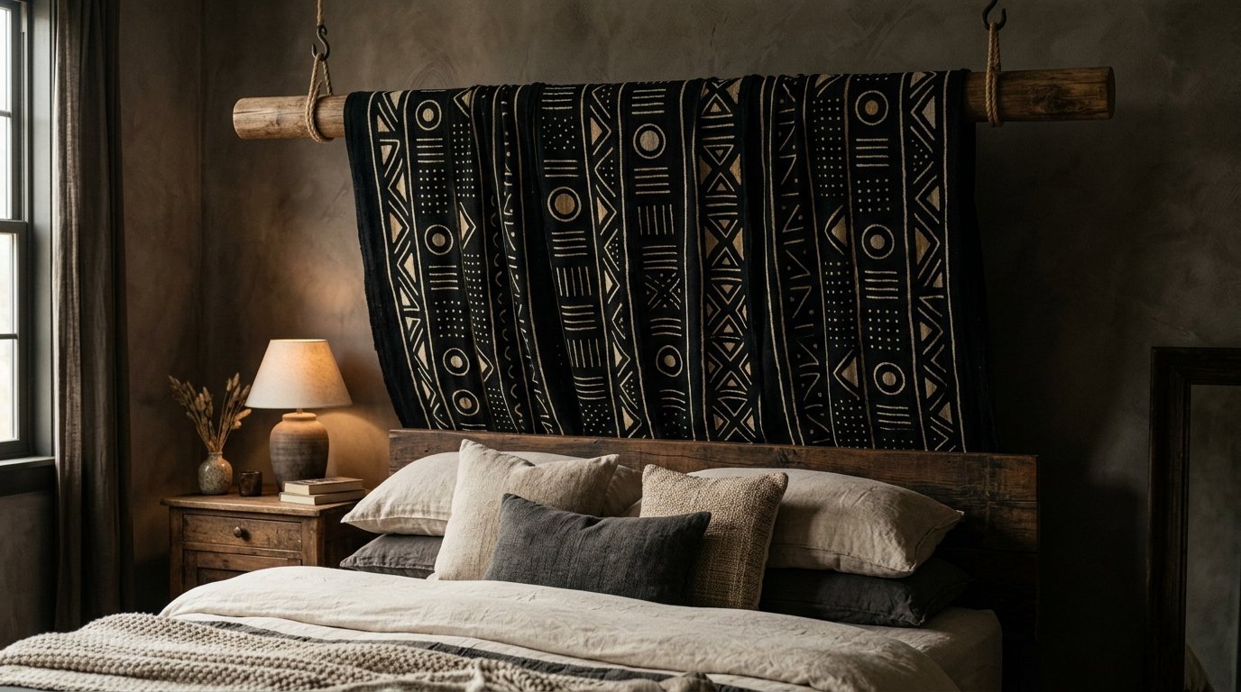 A bedroom with a black and gold patterned textile draped over a wooden beam above a cozy bed.