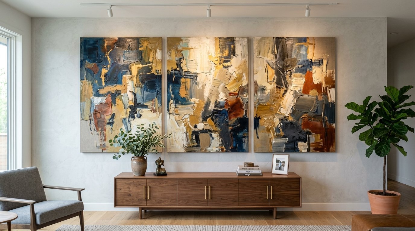 Large triptych abstract artwork featuring blue, gold, and brown tones hung over a walnut media console.