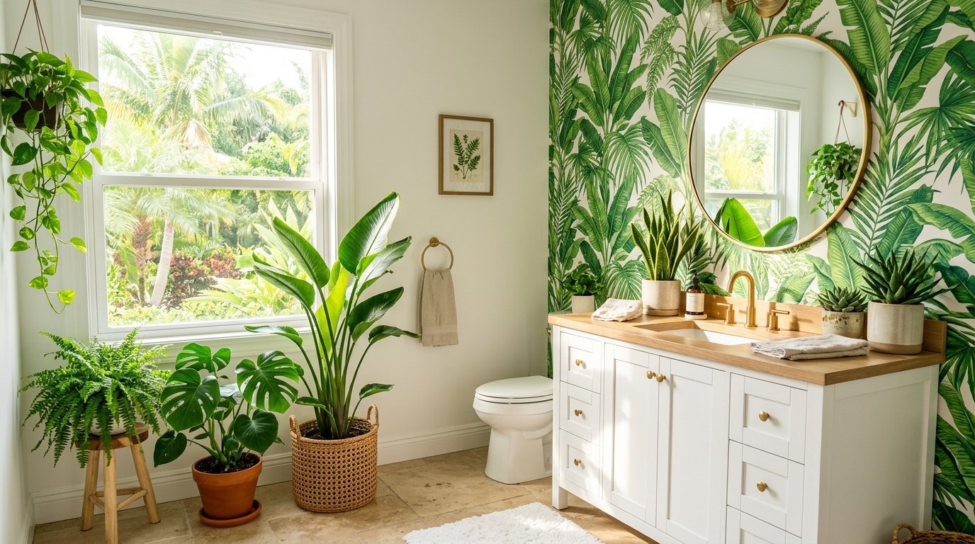 A bathroom vanity with a round mirror, leaf-pattern wallpaper, and various houseplants near a window.