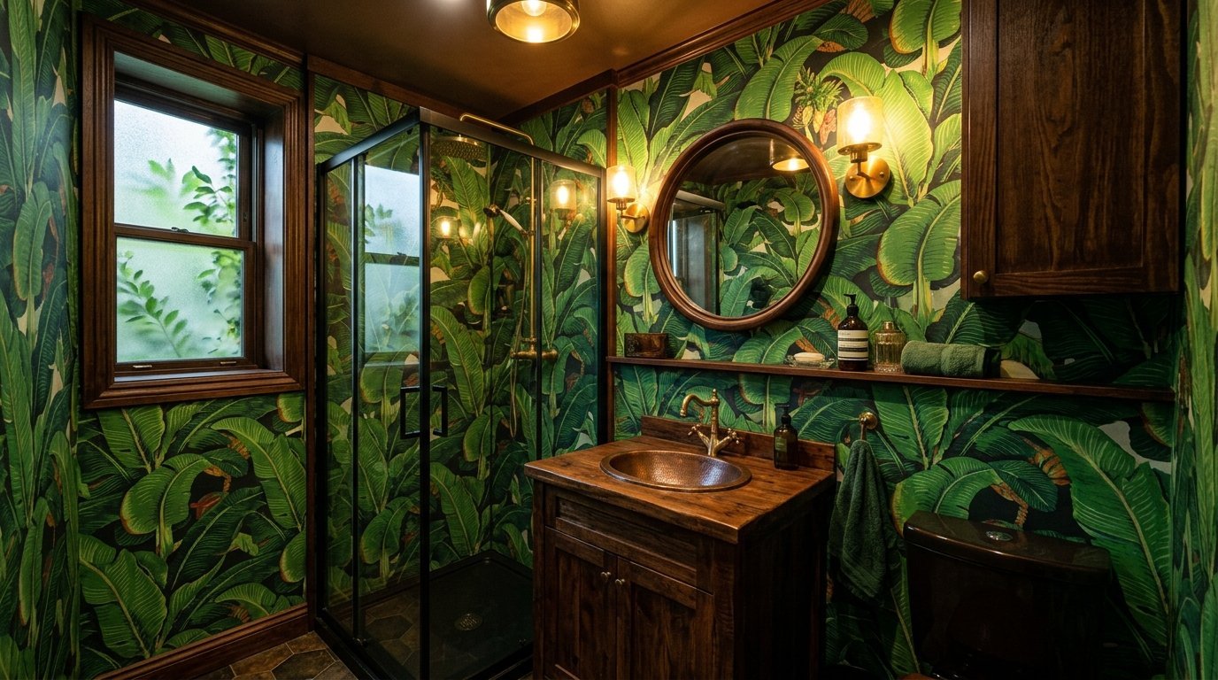 A bathroom with lush jungle leaf print wallpaper, a wooden vanity with a copper sink, and a modern glass shower stall.