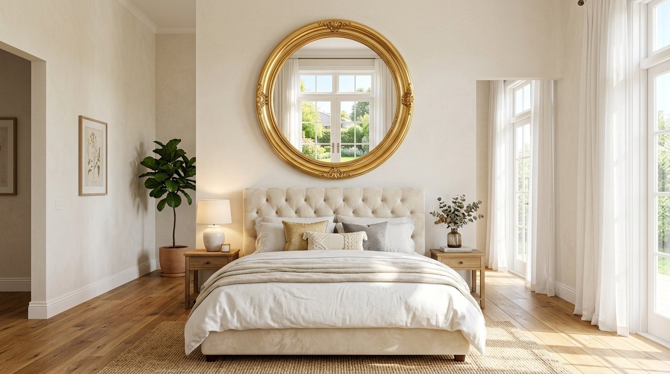 Elegant bedroom with a button-tufted bed, gold circular mirror, and hardwood floors bathed in natural light.