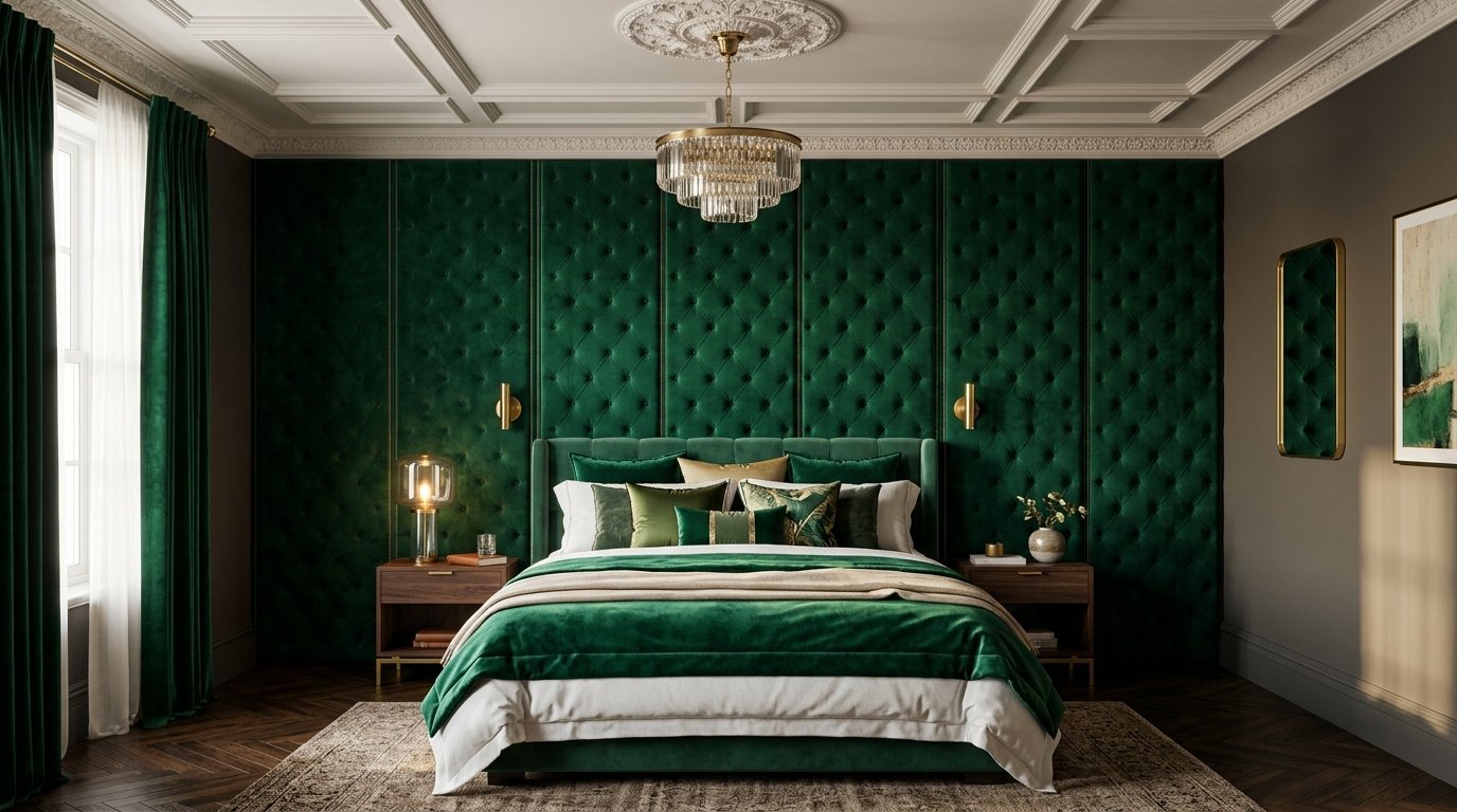 A bedroom with an emerald green tufted wall, matching velvet bed, crystal chandelier, and dark wood nightstands.
