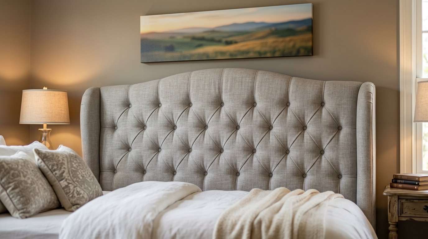 A beige button-tufted headboard with wingback sides positioned against a tan wall with framed landscape art.