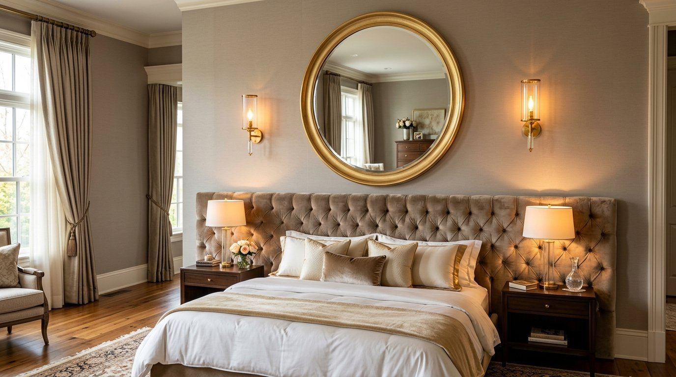 A luxurious bedroom with a tufted brown headboard, large circular gold mirror, and bedside lamps on wooden nightstands.