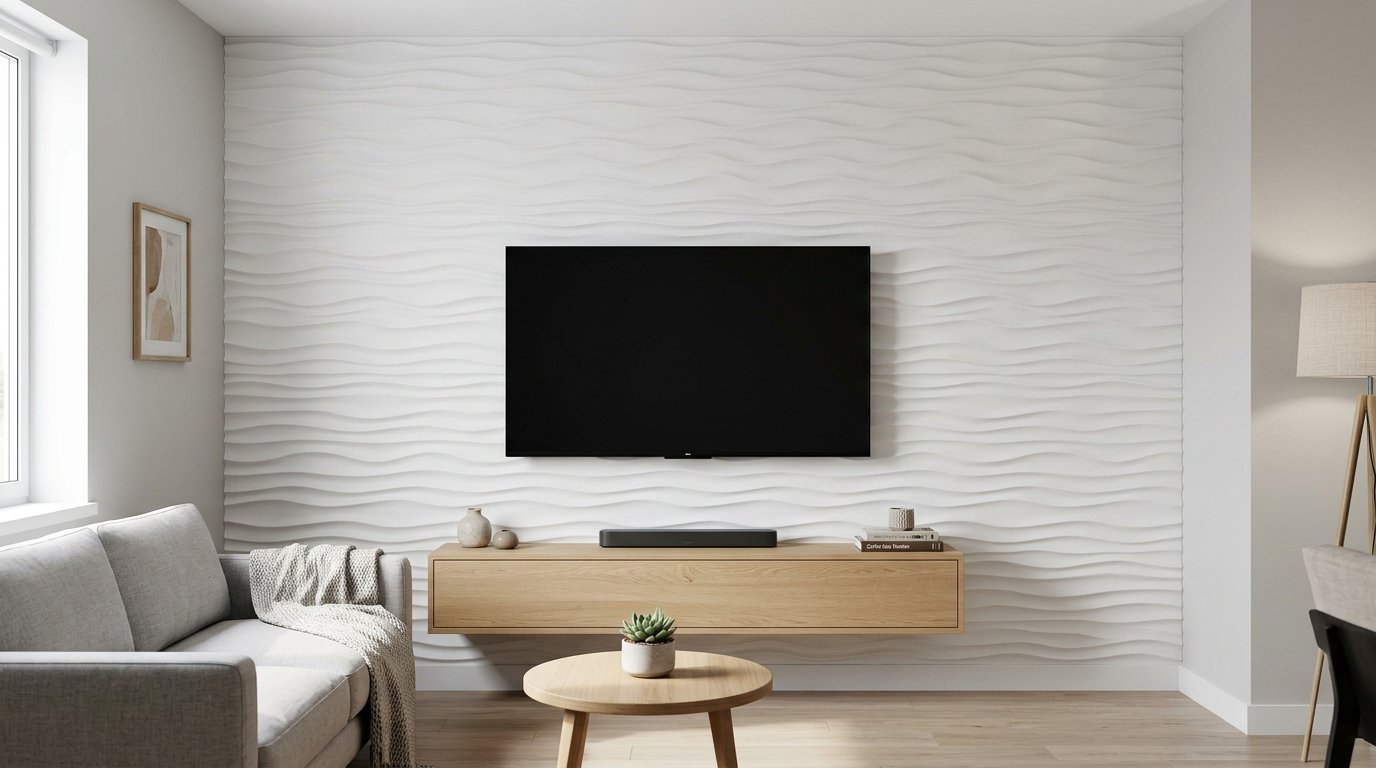 A flat screen television mounted above a floating oak console on a white 3D textured wave accent wall.