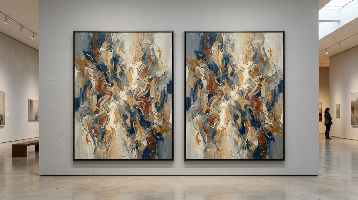 Two identical abstract oil paintings with blue, gold, and brown brushstrokes mounted on a white gallery wall.