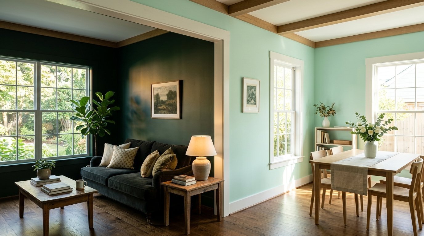 An open concept room with dark green walls in the lounge area and pale mint green walls in the dining space.