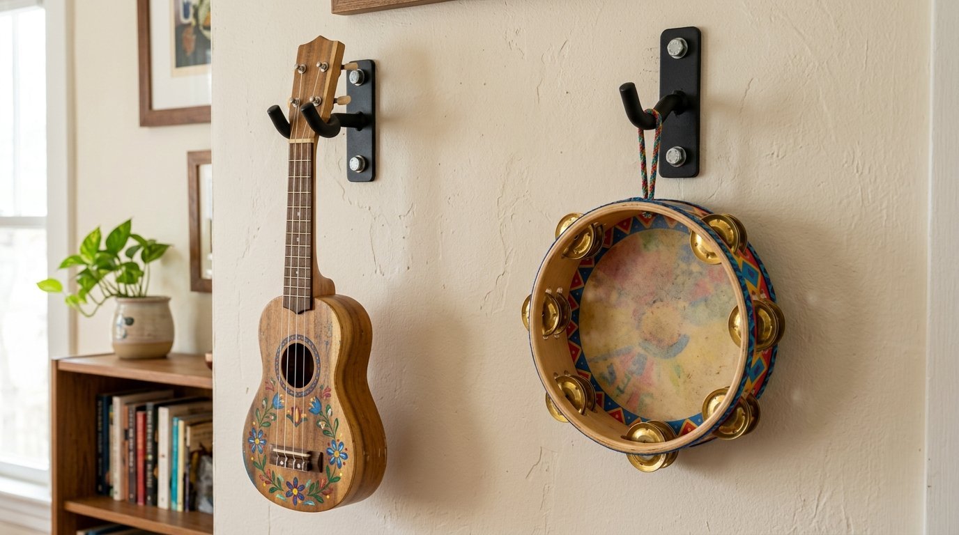 Wood ukulele with painted flowers and a patterned drum hanging on metal wall hooks.