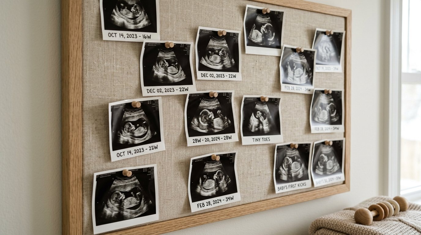 Multiple baby ultrasound scans pinned to a fabric-covered bulletin board with dated labels.