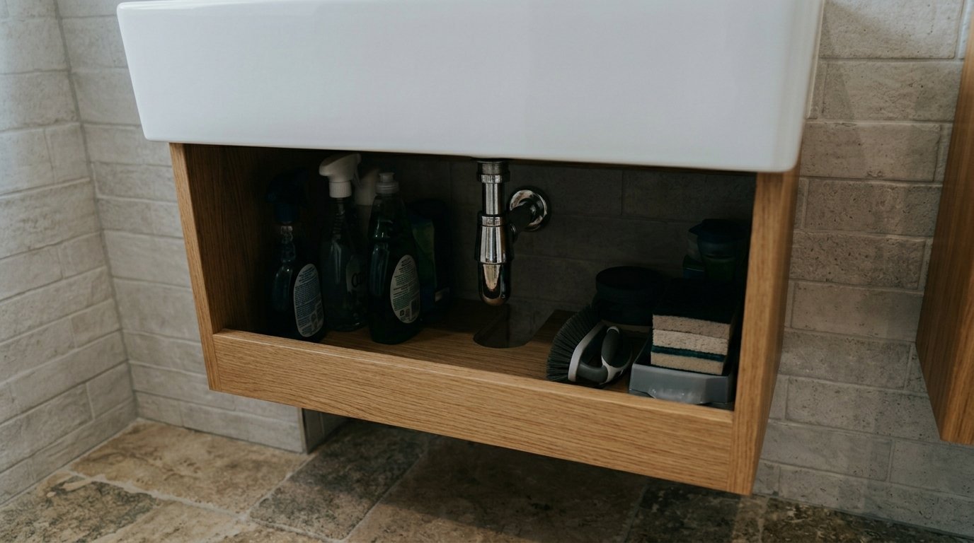 Cleaning products and sponges stored on an open wooden shelf beneath a white bathroom sink.