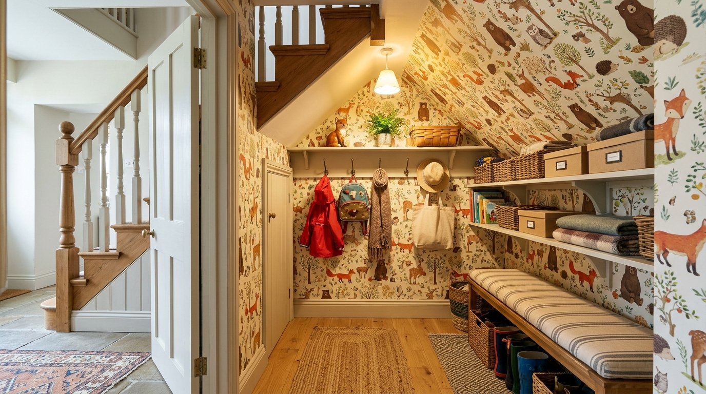 Small entryway under stairs featuring forest animal wallpaper, hooks, shelves, and a striped bench.