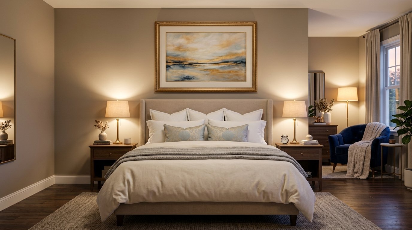 Modern bedroom with a central beige bed, gold-framed landscape painting, and matching bedside lamps.