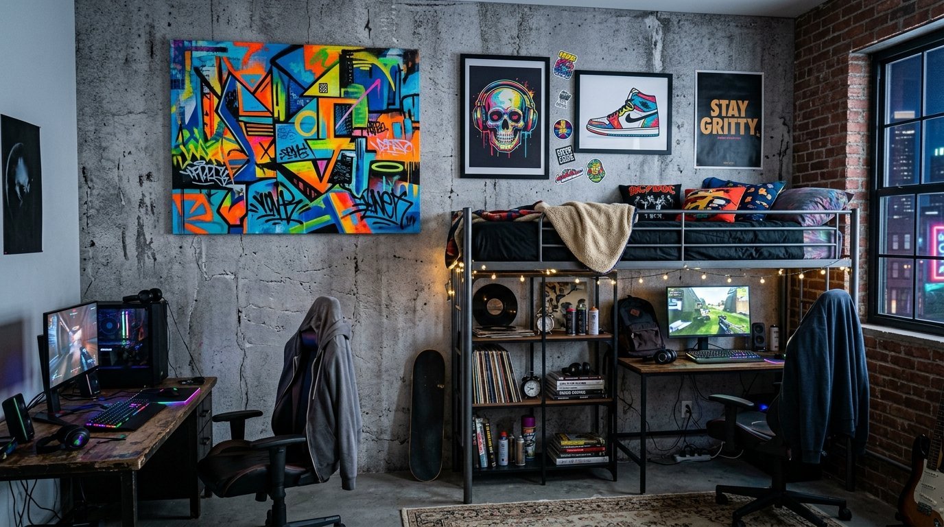 A bedroom with a loft bed, neon graffiti wall art, dual gaming desks, and exposed concrete walls.
