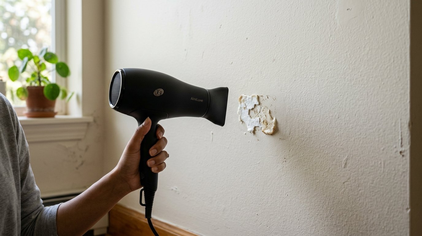 Person holding a black hair dryer to peel off a stubborn adhesive label from a painted interior wall.