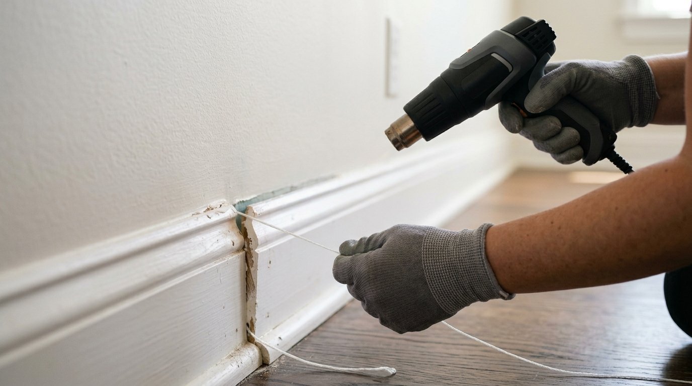 Gloved hands using a heat gun and string to peel trim away from a white wall.