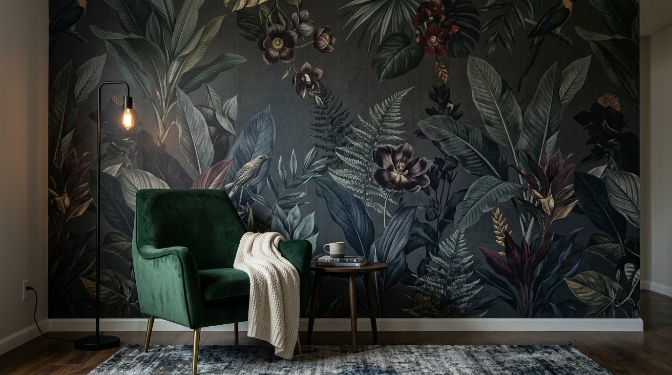 A dark green velvet chair with a knitted throw sits in front of a wall covered in dark tropical floral wallpaper.