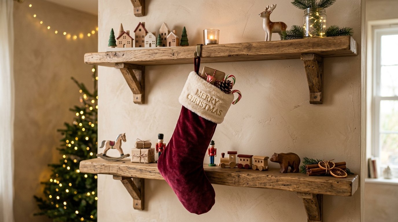 A deep red velvet Christmas stocking filled with candy canes hangs from a wooden shelf decorated with toys.