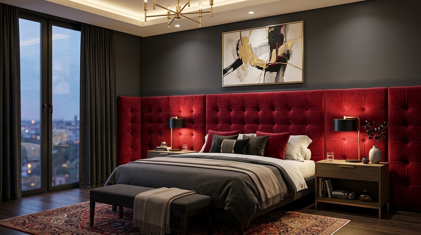 A luxurious bedroom with a full-wall tufted crimson velvet headboard and gold-accented abstract art.