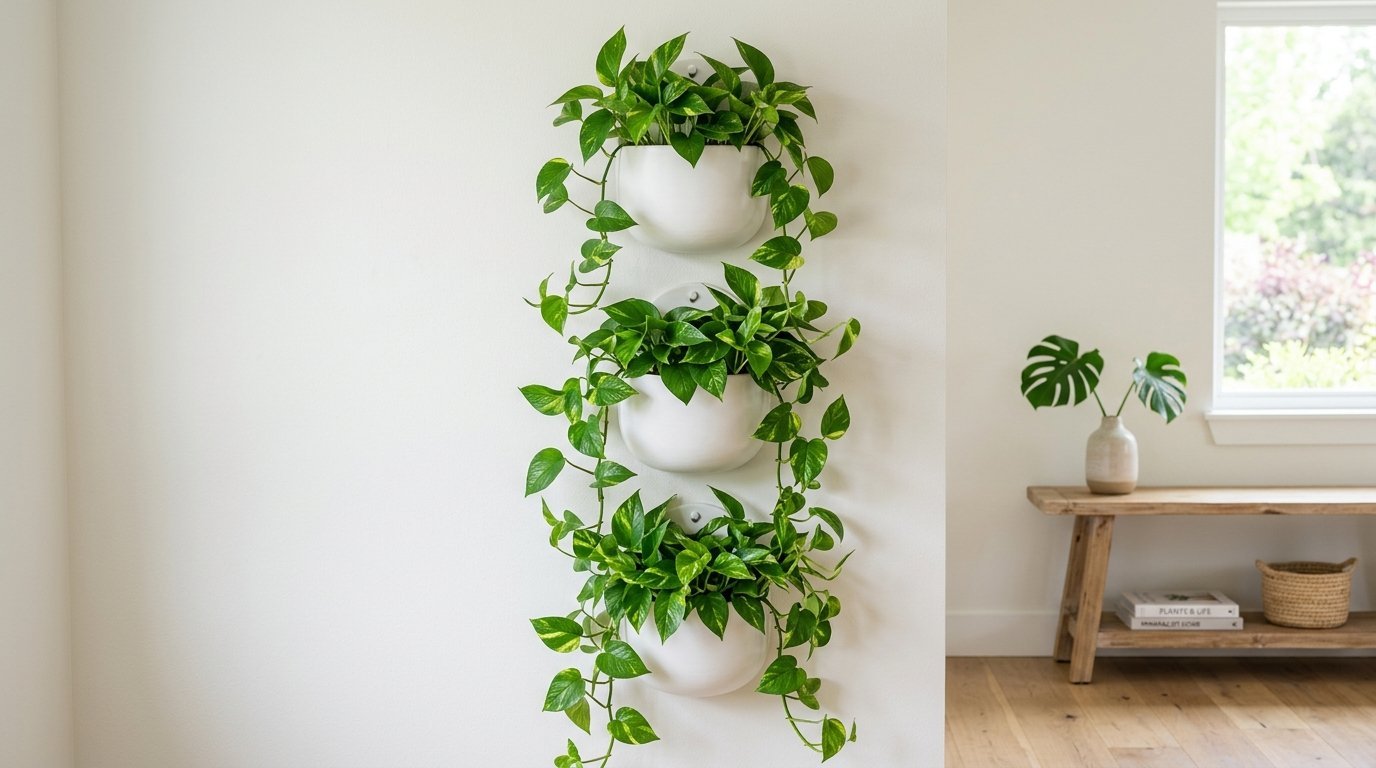 A vertical arrangement of three white wall-mounted planters filled with lush, cascading golden pothos plants.