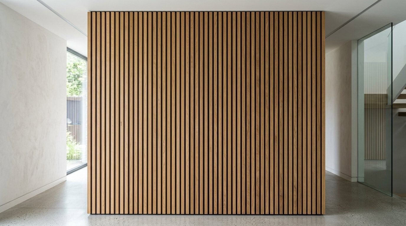 A full-height interior partition wall clad in uniform vertical wooden slats in a bright contemporary home.
