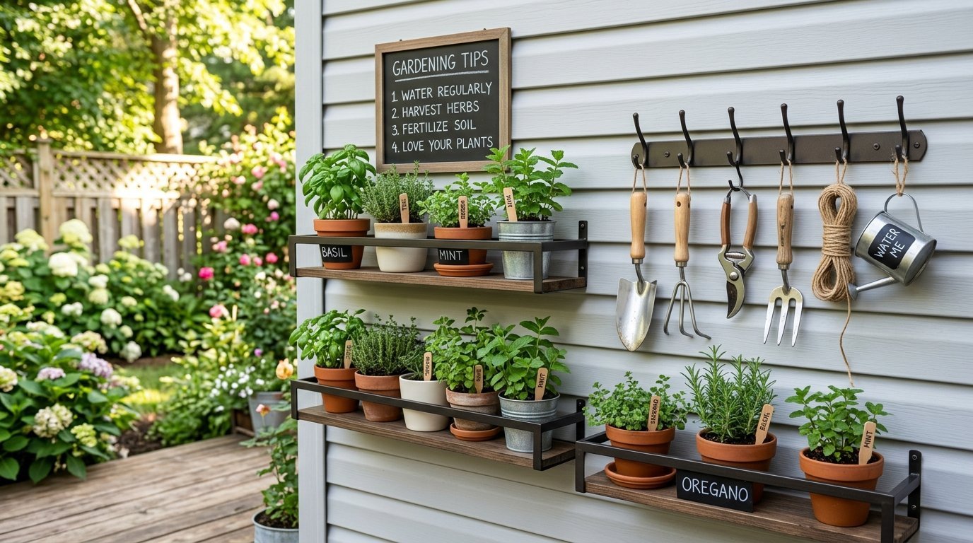 Potted herbs on wooden shelves next to hanging metal garden tools on a grey siding wall.