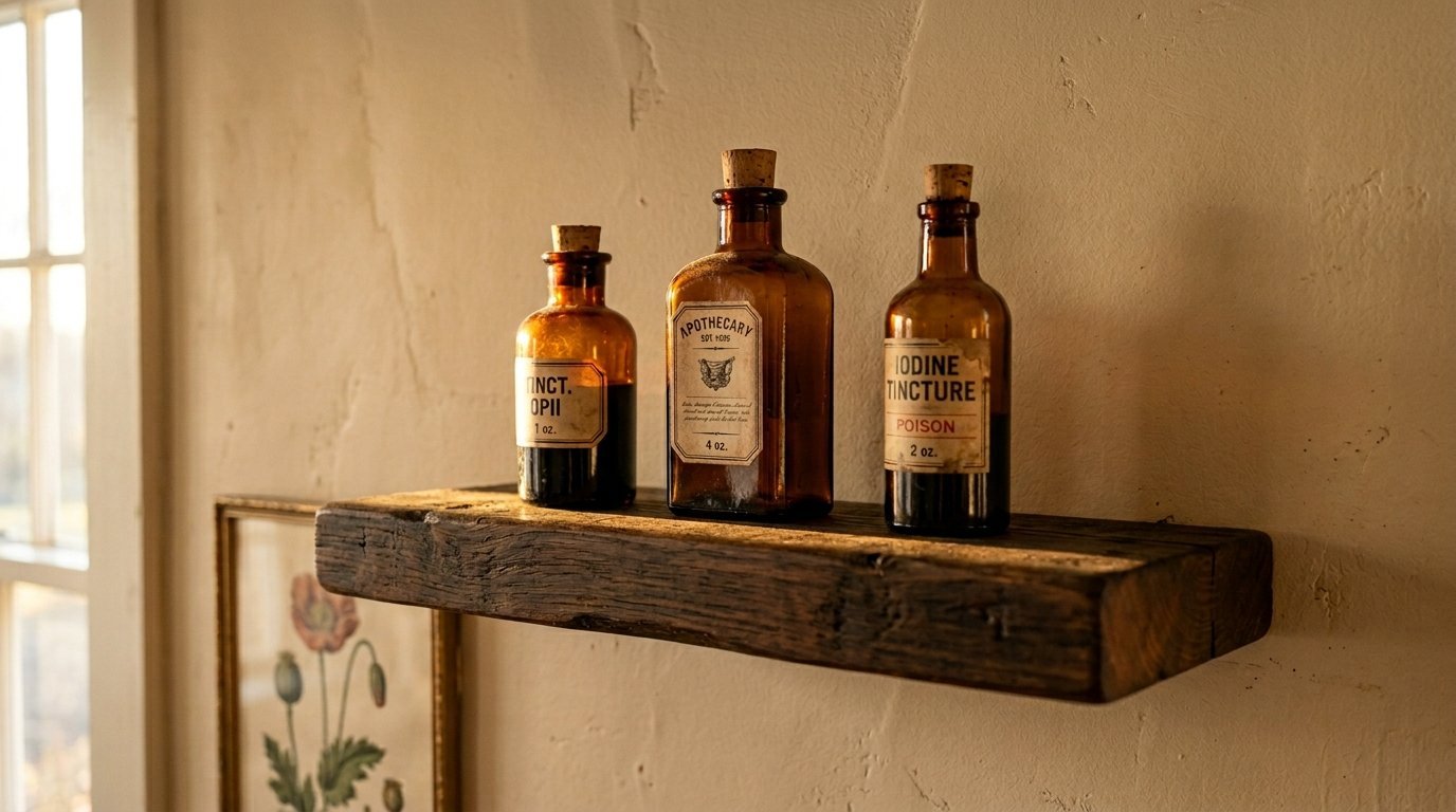 Vintage amber glass apothecary bottles with cork stoppers resting on a rustic wooden ledge.