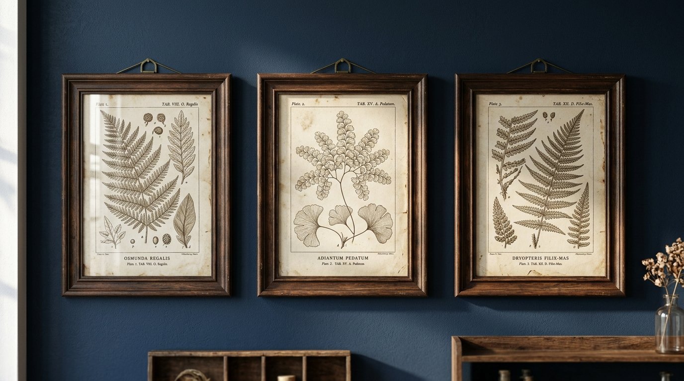 Three dark wood frames containing vintage scientific fern plant drawings hanging on a dark navy blue wall.