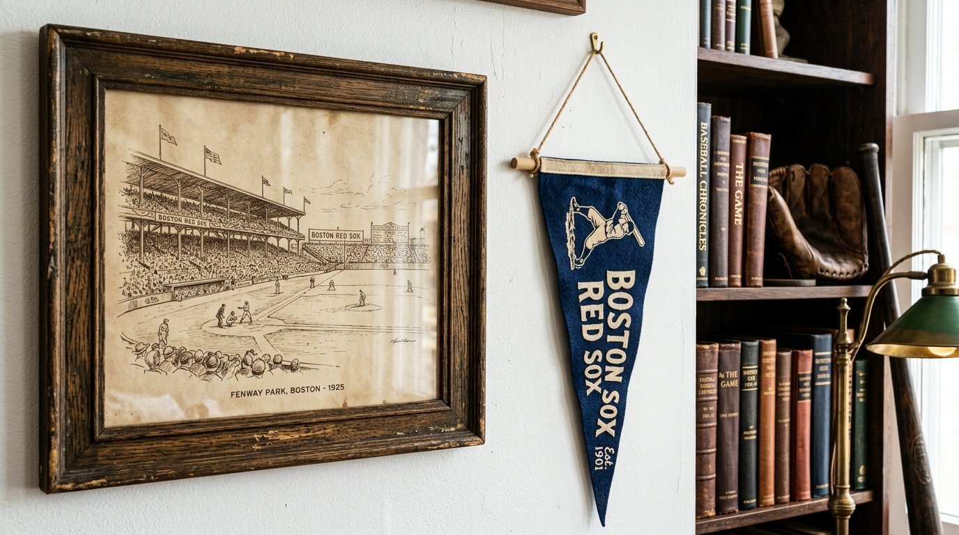 A framed 1925 sketch of Fenway Park hung on a wall next to a blue Boston Red Sox sports banner and bookshelf.