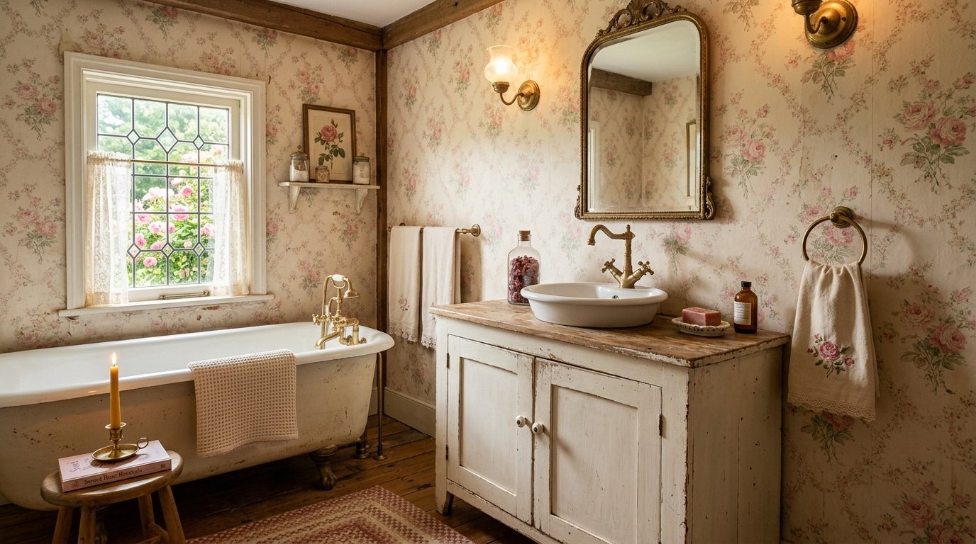 Vintage bathroom with clawfoot tub, white wooden vanity, and traditional rose-patterned wall covering.