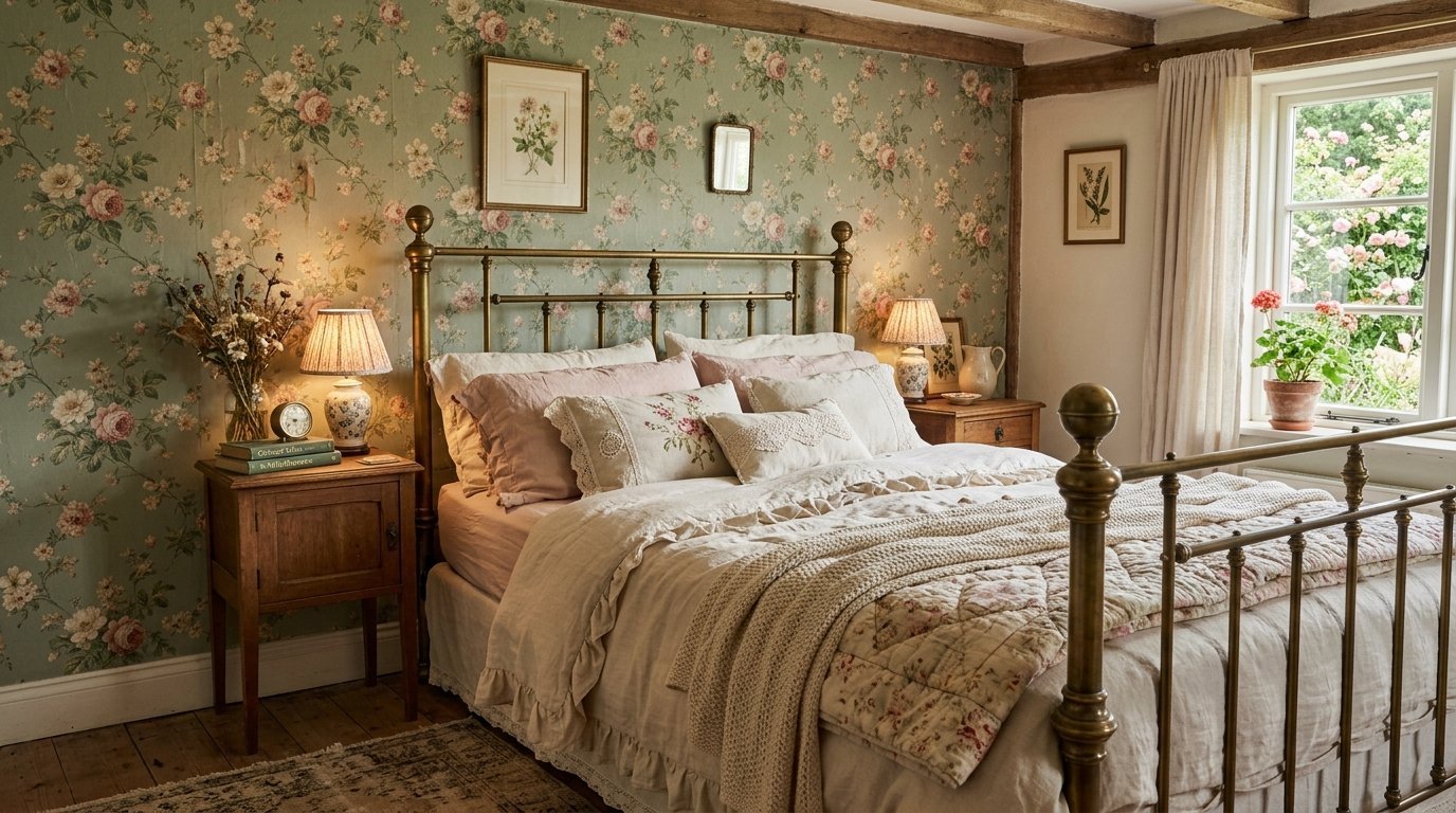 A cottage-style bedroom with a brass metal bed, green floral wallpaper, and neutral bedding by a garden window.
