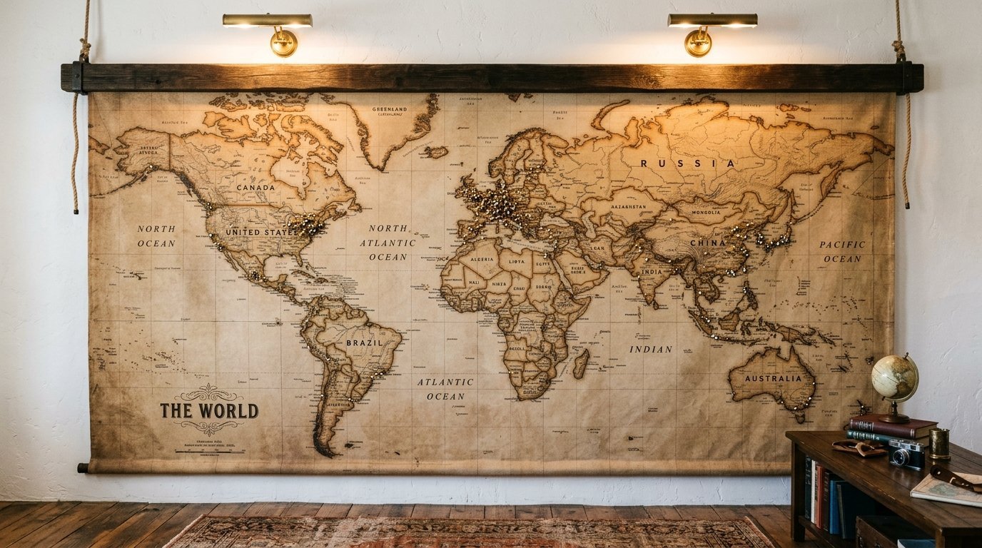 A sepia-toned world map wall tapestry with pushpins marking travel destinations above a wooden desk and globe.