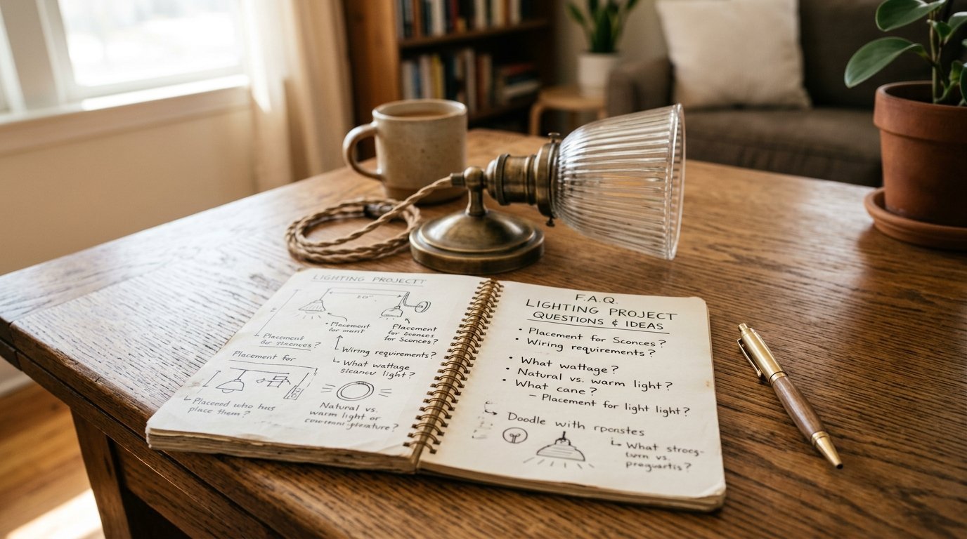 An open notebook with handwritten lighting project notes next to a small vintage metal desk lamp.