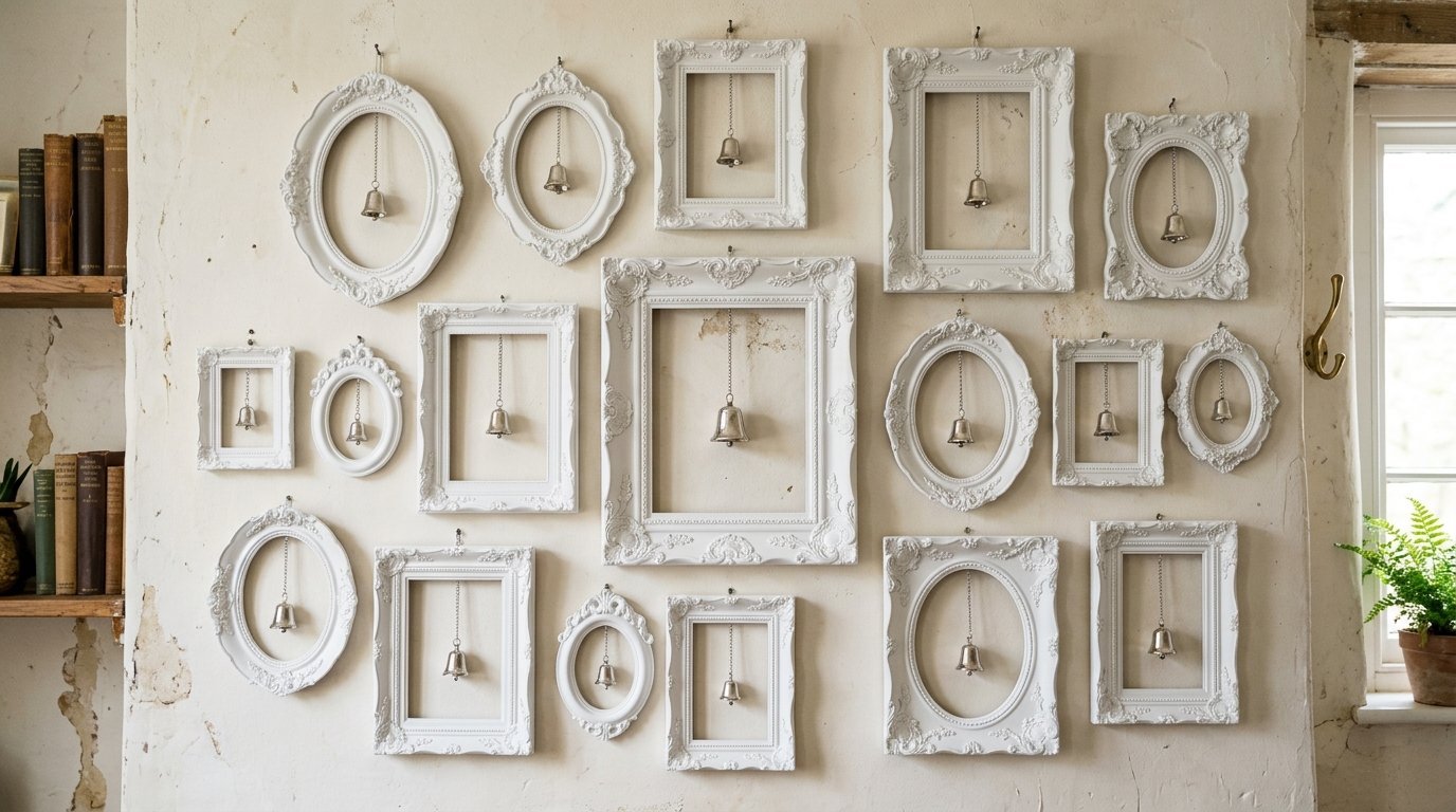 Decorative wall gallery featuring various empty ornate picture frames with small metal bells suspended from chains.