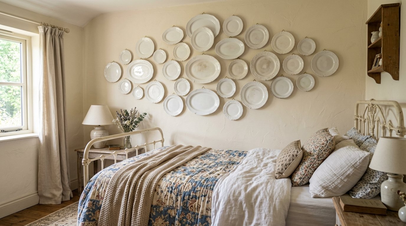 An assortment of vintage white ceramic plates mounted as gallery wall art above a floral patterned bed.