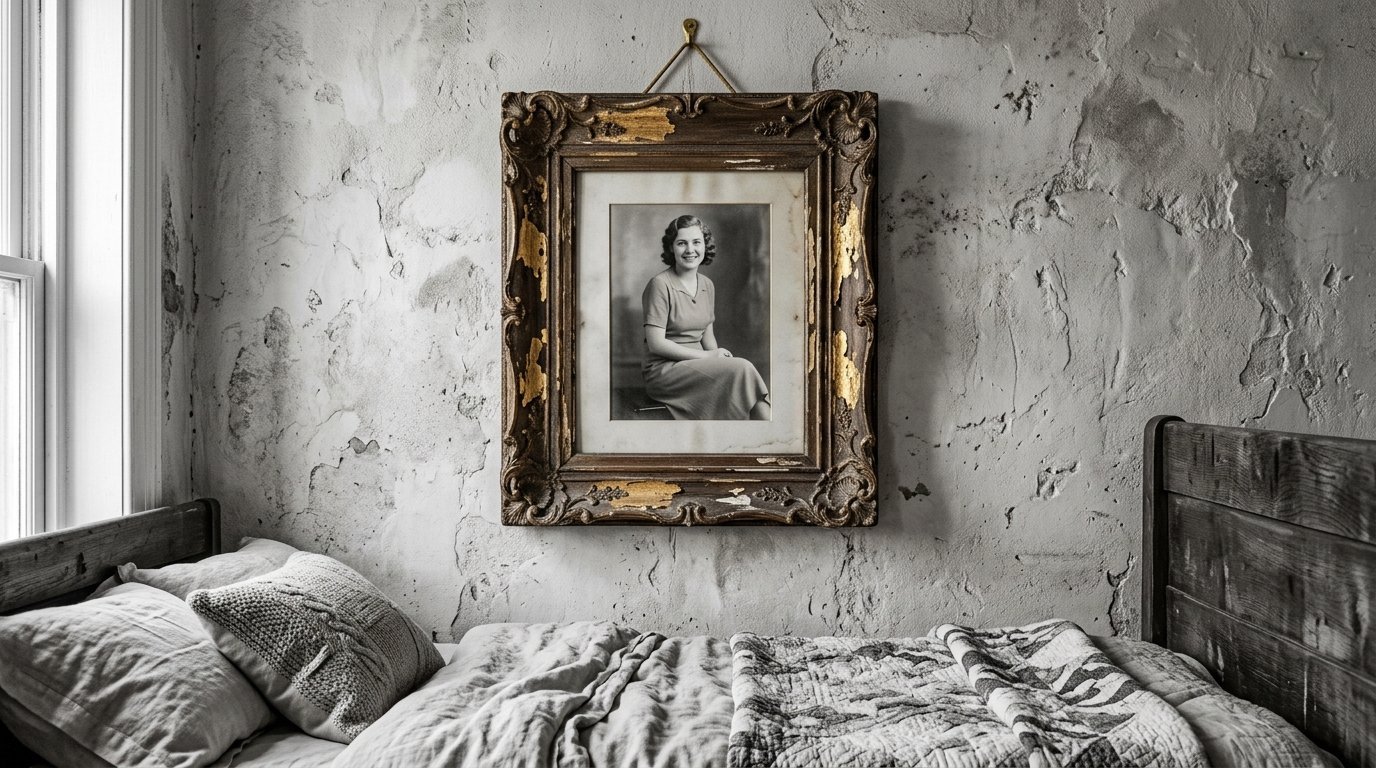 Black and white portrait of a woman in an ornate gold frame mounted on a textured, weathered plaster wall.
