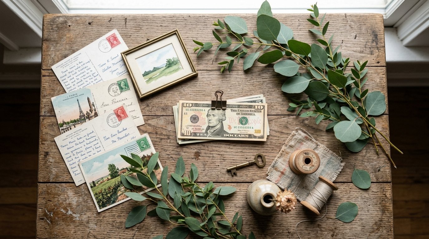 Top-down view of vintage postcards, a ten-dollar bill held by a clip, a brass key, and eucalyptus sprigs on wood.