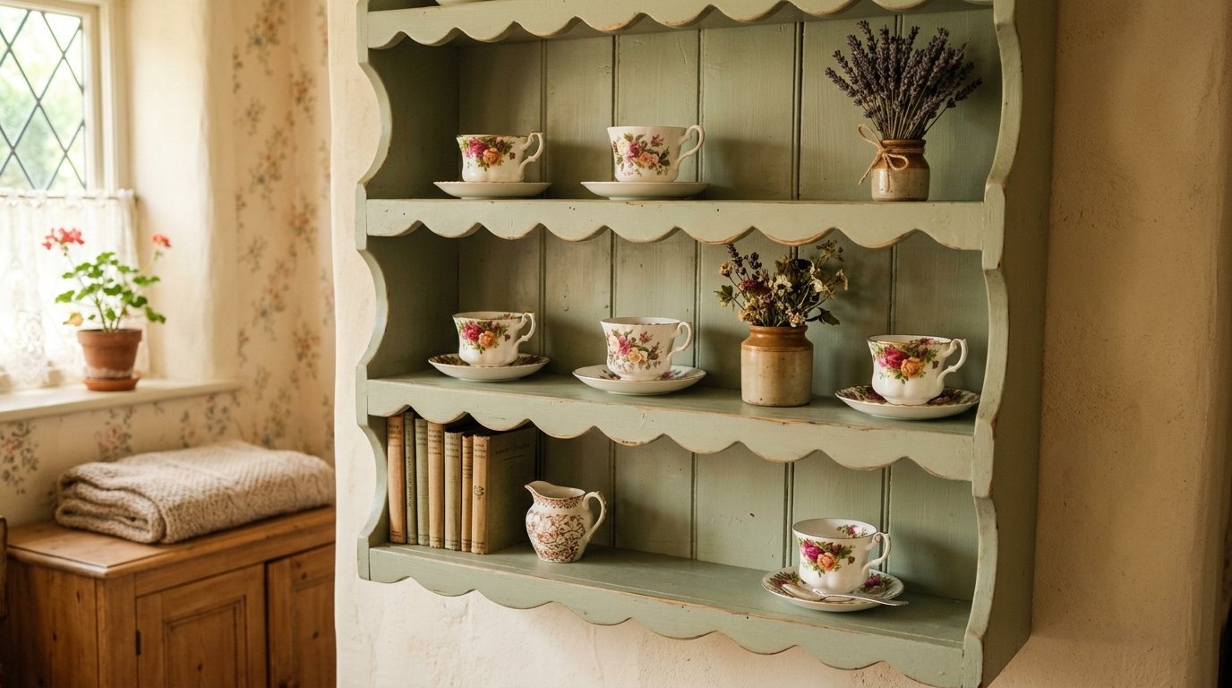 Wall mounted sage green scalloped shelf displaying floral china teacups and small vases of dried flowers.