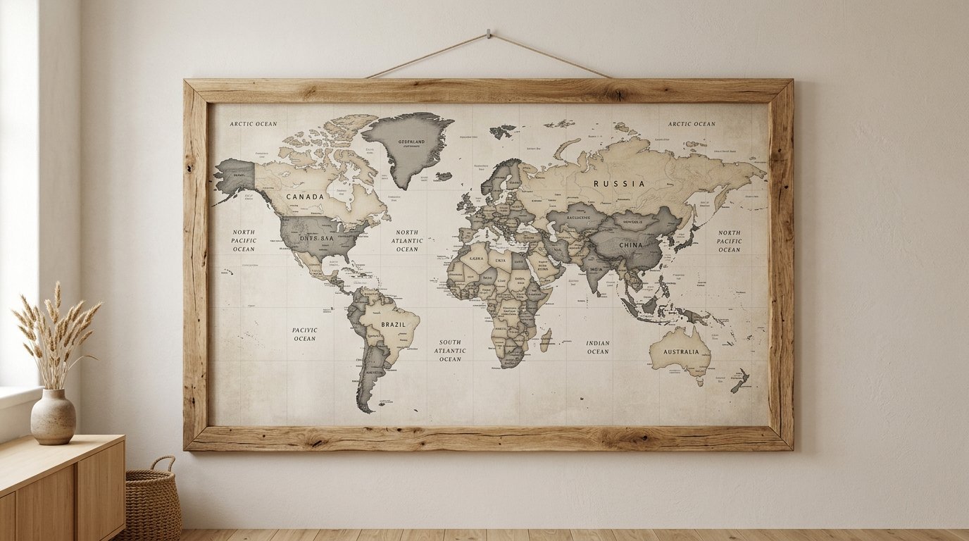 Large horizontal world map in a rustic wooden frame displayed in a minimalist room.