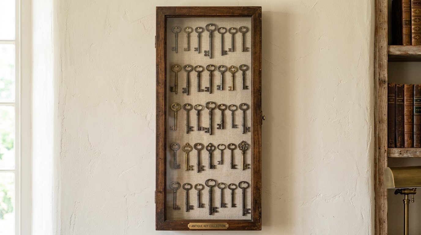 A rustic wooden display case mounted on a wall containing rows of antique skeleton keys.