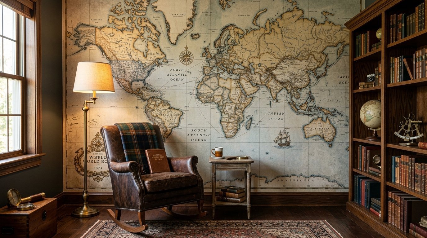 Leather armchair with a plaid blanket positioned before a large wall map mural and wooden bookcases.