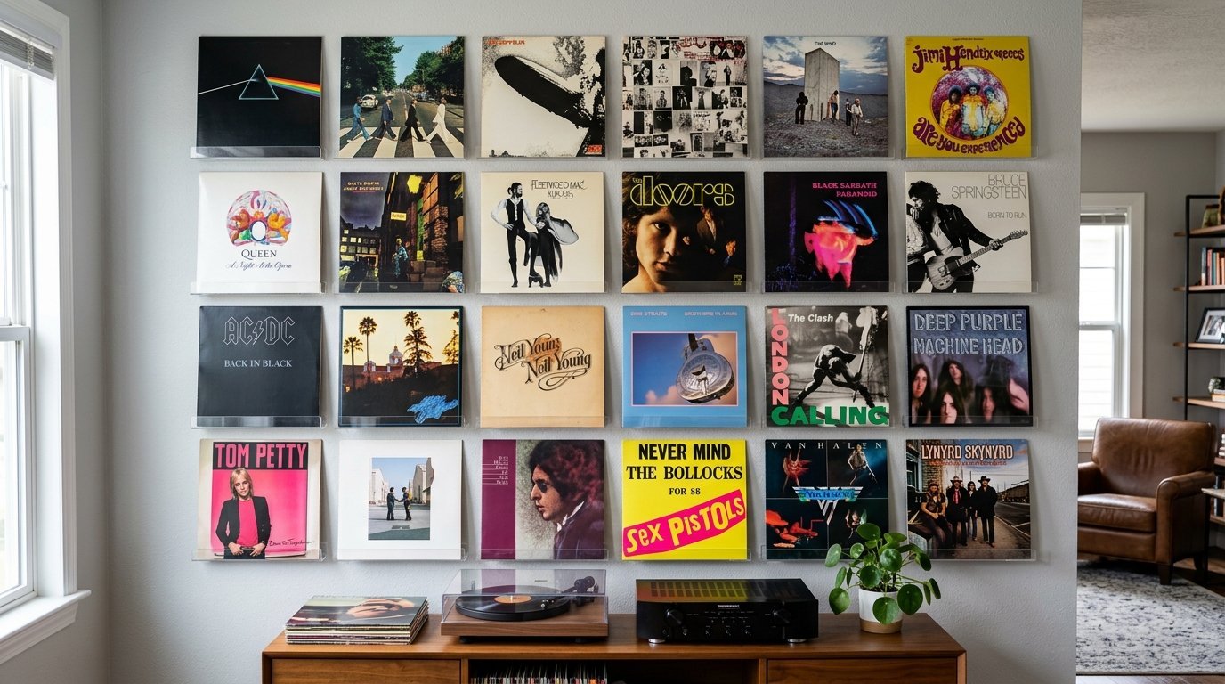 A grey wall decorated with a grid of twenty-four iconic classic rock music vinyl albums in clear plastic holders.