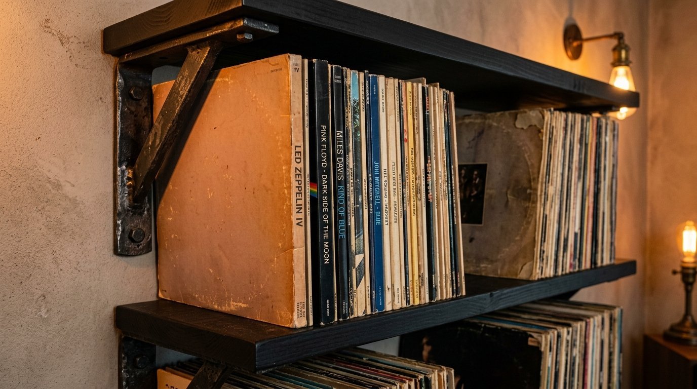 Close up of classic music albums organized on dark wooden shelving with iron brackets against a textured wall.