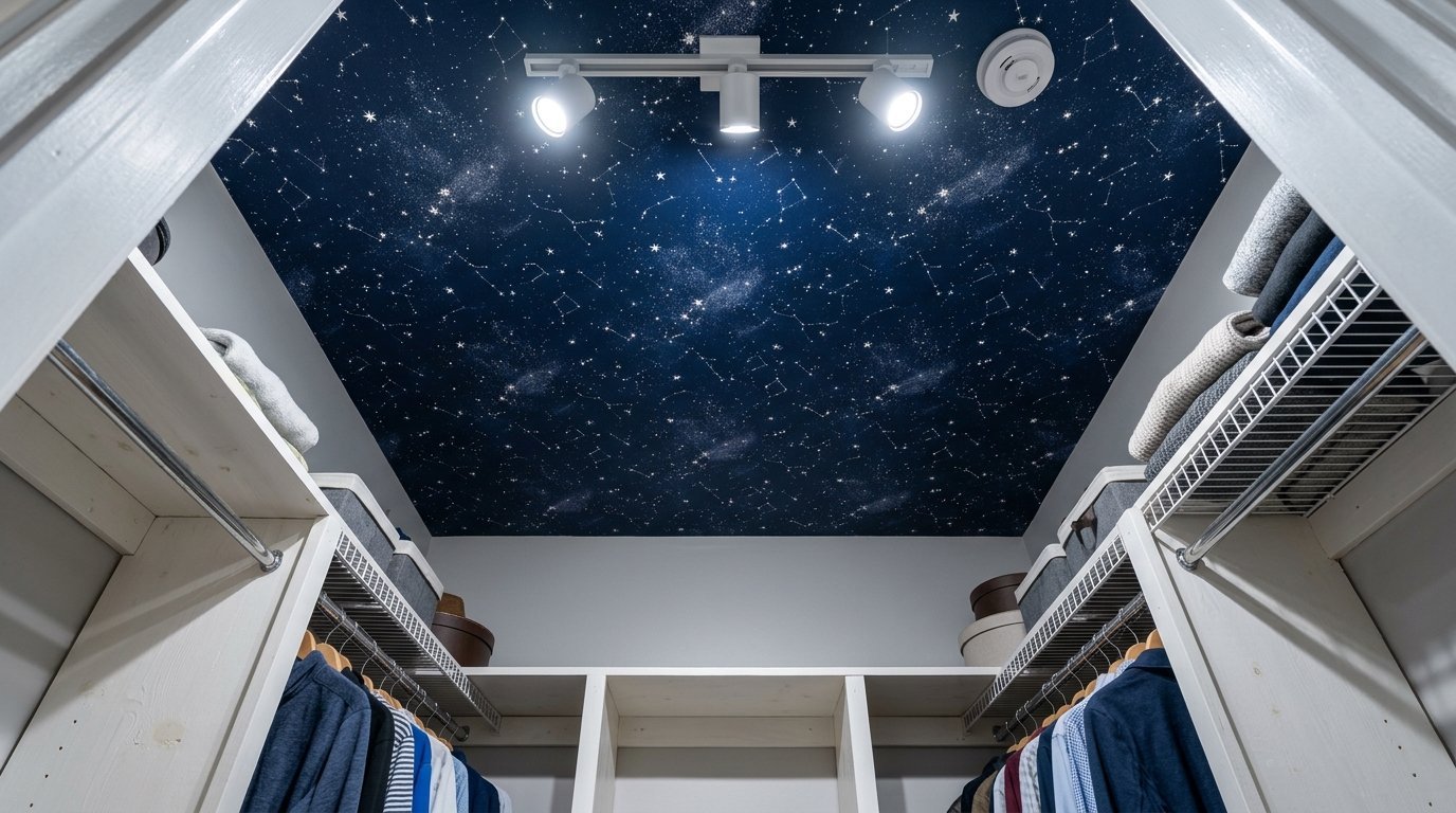 Closet interior with white shelving and a dark blue ceiling painted with stars and constellations.