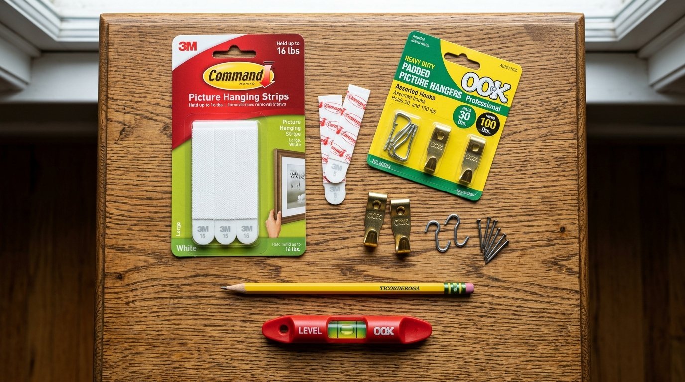 3M Command strips, OOK picture hooks, Ticonderoga pencil, and a red OOK level arranged on a wooden table.